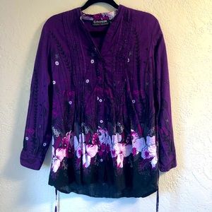 Citicraze Woman’s Top Size S Purple Floral Button Front Boho Bohemian Tie Back